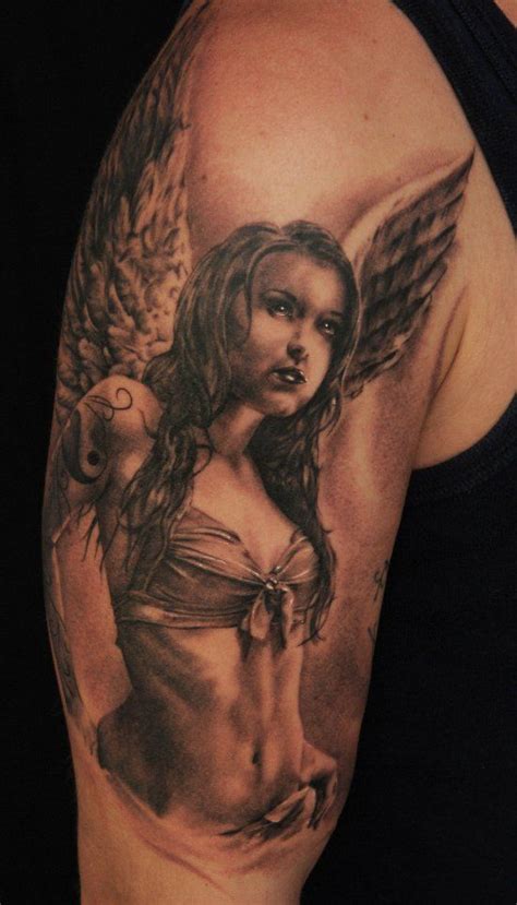 Angel Winged Pin Up Girl Tattoo On Half Sleeve