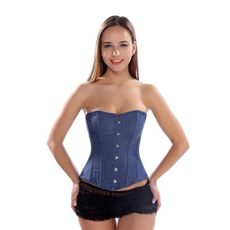 Gothic Burlesque Blue Denim Bustier Waist Cincher Overbust Corset Top