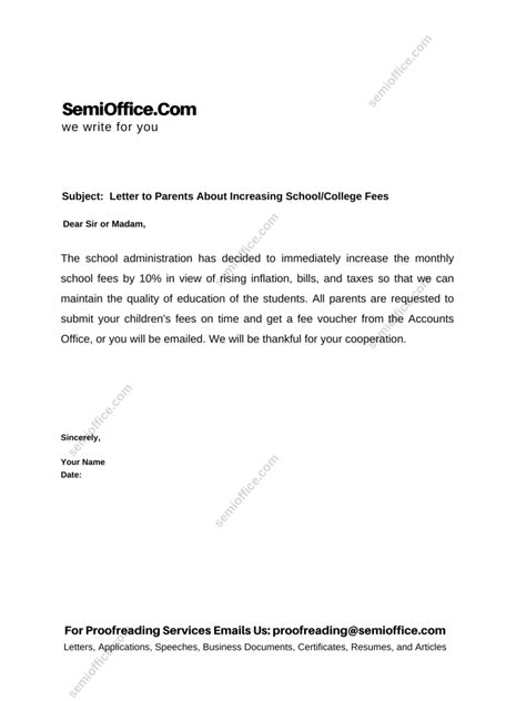 sample letter  parents  fee increase semiofficecom
