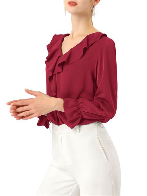 unique bargains unique bargains womens ruffle  neck chiffon work office peasant blouse