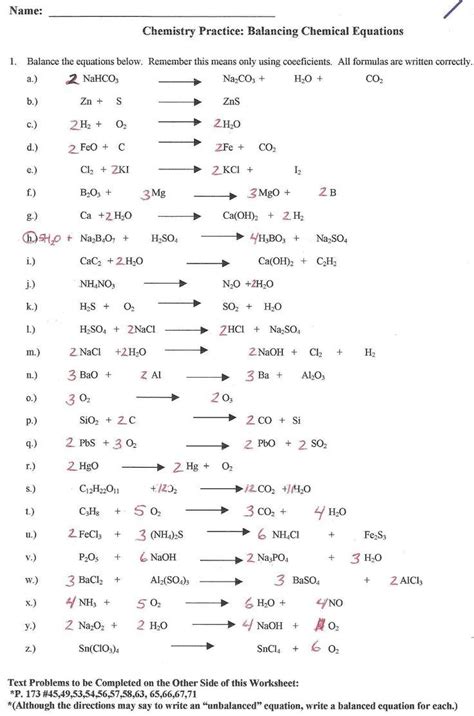 worksheet  class  chemistry chemical reactions  equations