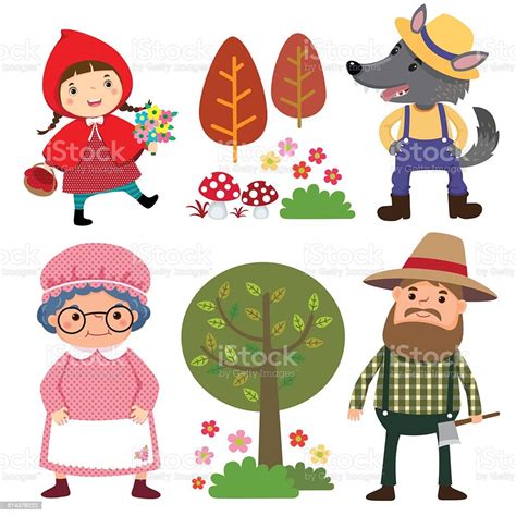 set of characters from little red riding hood fairy tale stock