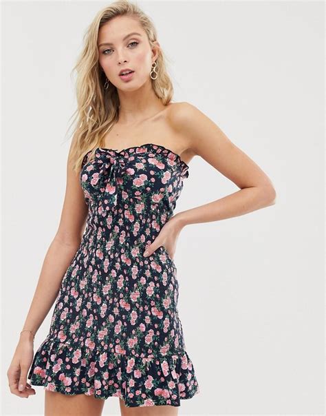 asos shirred bandeau sundress with pep hem in floral print in blue lyst