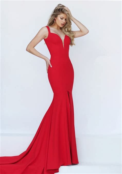 Sexy Mermaid Deep V Neck Backless High Slit Red Satin Prom