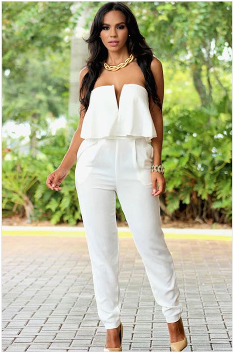 2016 New Women Casual Sexy White Ruffle Strapless Jumpsuit Romper