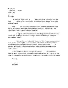 national honors society recommendation letter nhs generic