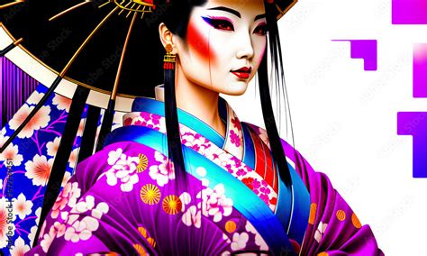 Geisha In Classic Japanese Costume Drawing Of A Japanese Woman In A