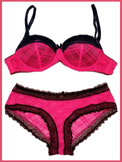 hot pink and black lace balconette push up bra panties set 12a 14a 14c