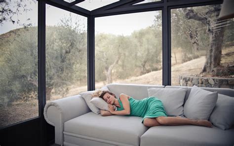 Wallpaper Girl Sleeping Sofa Glass House 5120x2880 Uhd 5k Picture Image