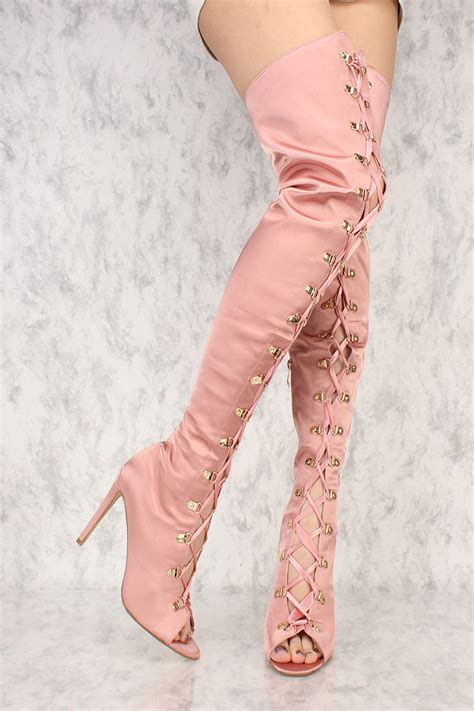 pink lace up front thigh high heels boots satin