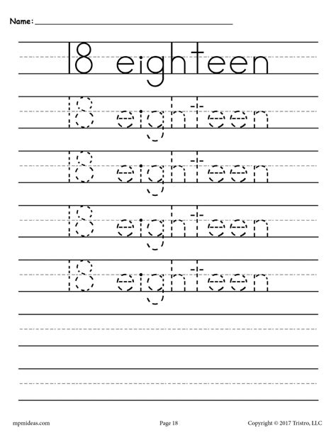 number  tracing worksheet number eighteen handwriting worksheet