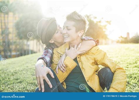 Happy Gay Couple Kissing And Having Fun Together Outdoor Young