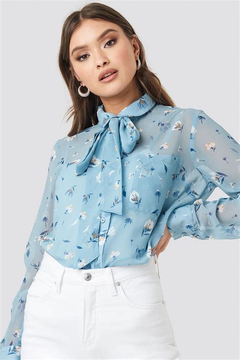 Floral Print Sheer Pussy Bow Blouse Blue Na Kd