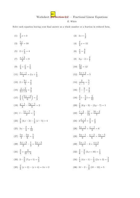 worksheet  section   fractional linear equations