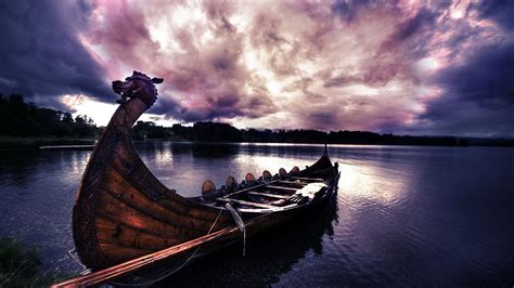 nature water boat river vikings wood dragon trees clouds