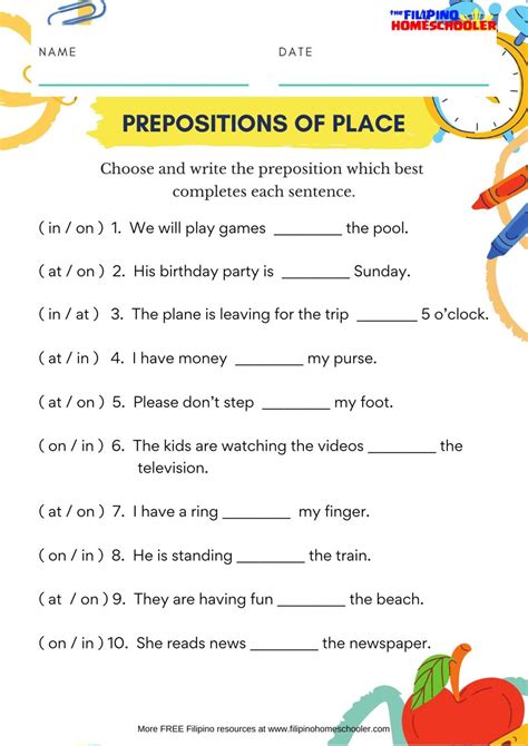 prepositions  place worksheet  filipino homeschooler