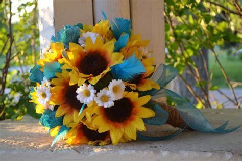 turquoise sunflower bouquet silk wedding flowers bridal