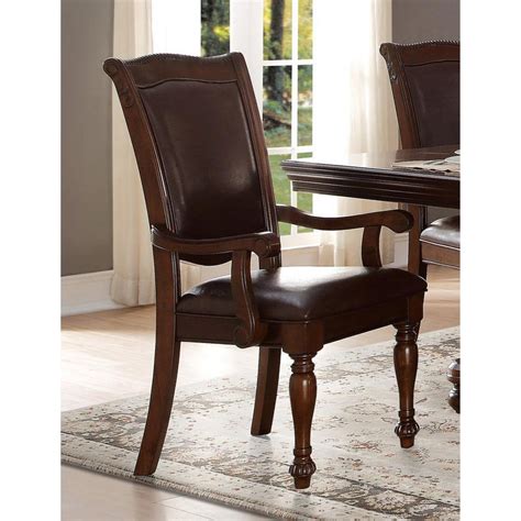 Traditional Style Wood And Leather Dining Side Arm Chair Brown And Dark