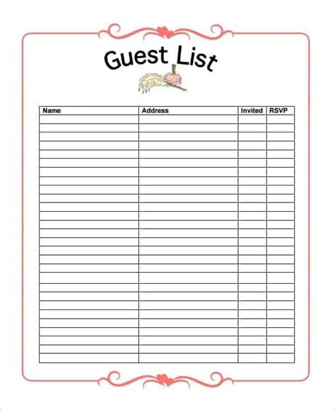 party guest list templates word excel  formats