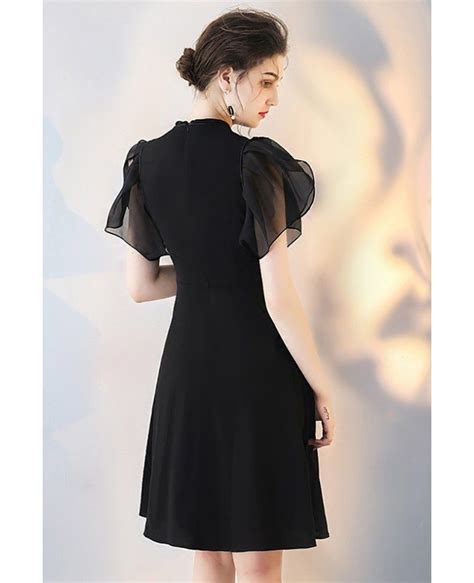 Elegant Short Black Formal Party Dress With Puffy Sleeves Htx86012