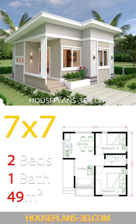 Small House Design Plans 7x7 With 2 Bedrooms House Plans 3d Small
