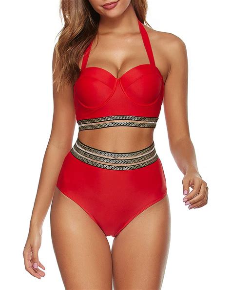 Urchics Womens Retro Halter Two Piece Bikini Set High Waist Swimsuit