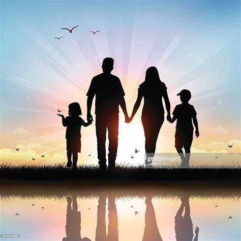 vector illustration silhouettes  happy family walking  sunset silhouette family family