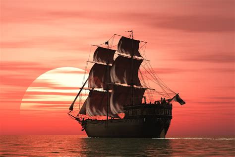 rendering ship sail sunset landscape ocean hd wallpaper