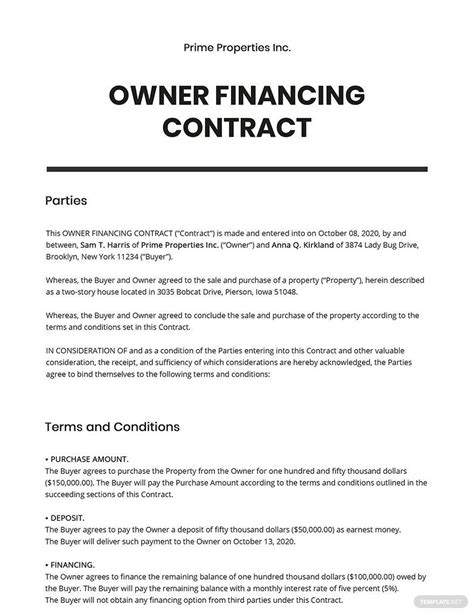 owner finance agreement template  printable templates