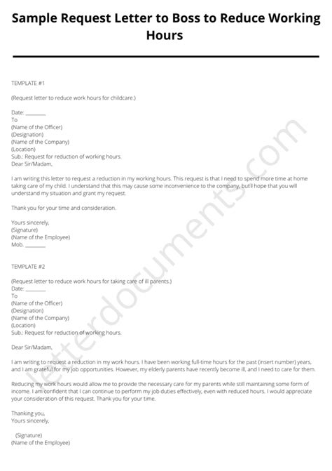 sample request letter  boss  reduce working hours letterdocuments