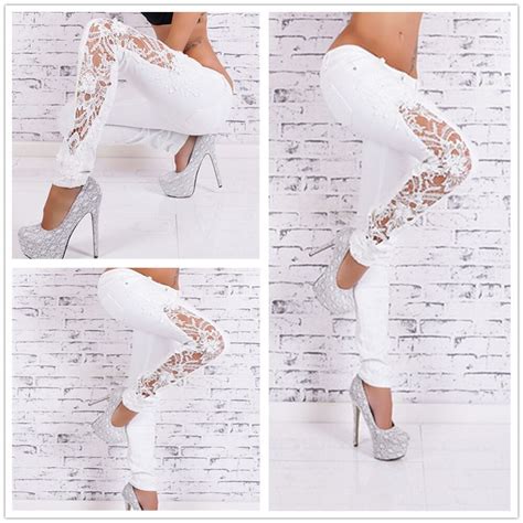 White Jeans With Lace Hollow Out Lace Stitching Full Length Denim Slim