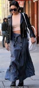 Vanessa Hudgens Flashes Toned Tum In Maxi Skirt And Leather Jacket As