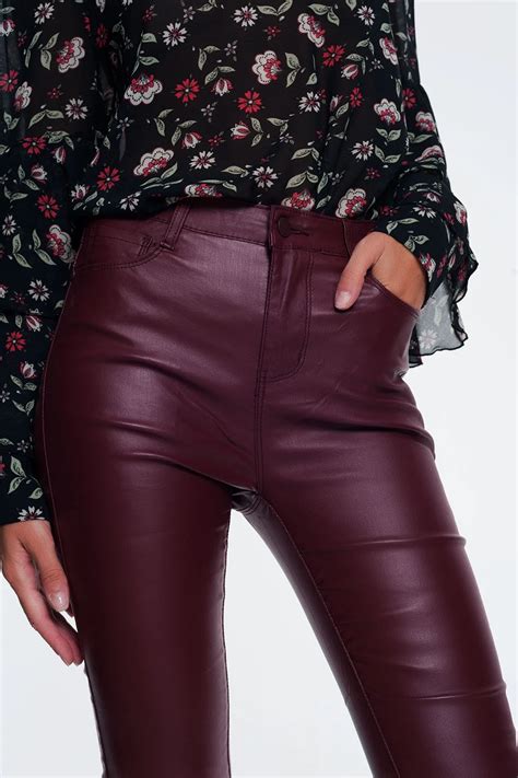 faux leather maroon stretch pants stretch pants leather pants