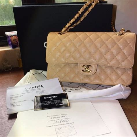 authentic chanel classic quilted flap bag caviar medium beige gold hw
