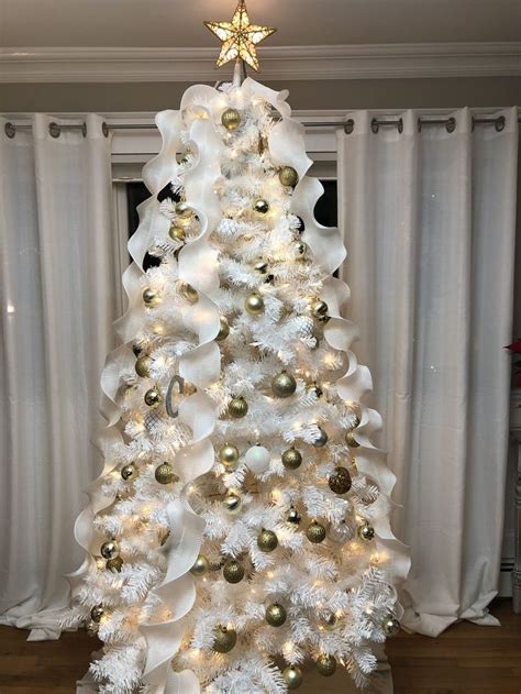 spiral ribbon white christmas tree  gold white ornaments white