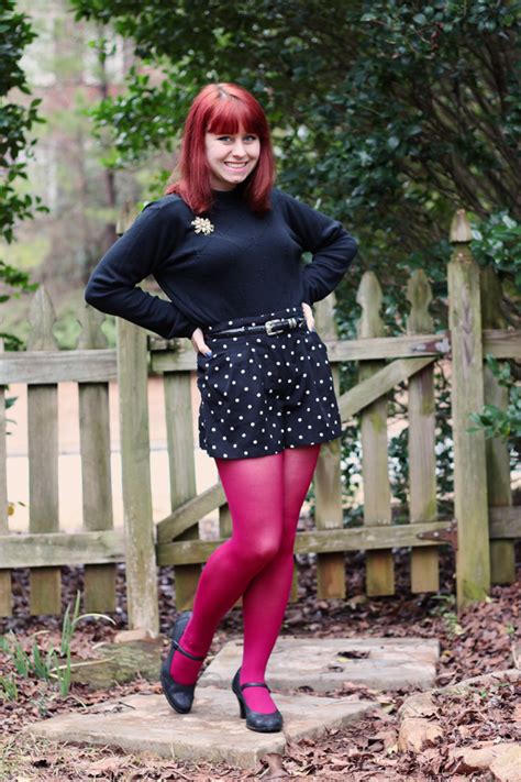 Polka Dot Shorts Pink Tights A Mock Turtleneck Sweater And Vintage Pin