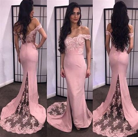 sexy mermaid off the shoulder dusty rose satin lace evening prom dress