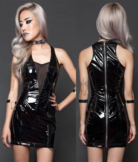Black Pvc Leather Bondage Shiny Nightclub Mini Dress Vinyl Lace V Neck
