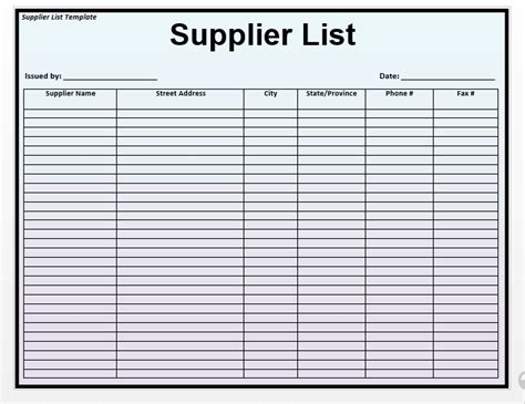 supplier vendor list templates   word excel