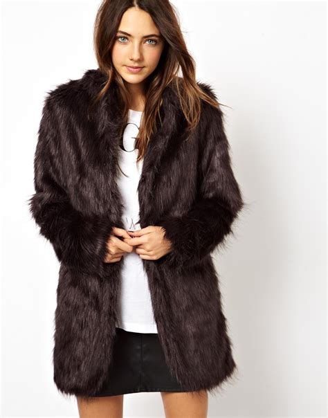 lyst asos longline faux fur coat  gray