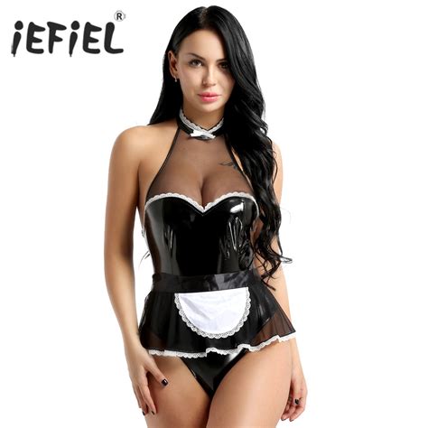 womens wetlook role playing patent leather maid cosplay costume halter