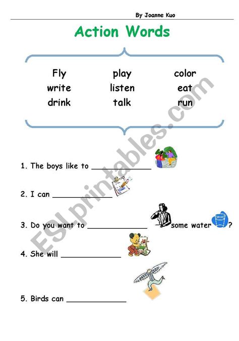 english worksheets action words