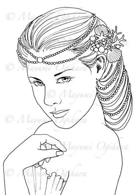 mermaid queen digital stamp colouring page printable