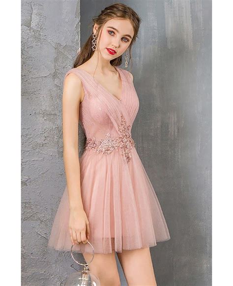 pretty short tulle pink prom dress cute pleated vneck dm69059