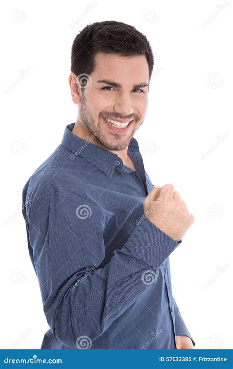 proud  successful young business man making fist gesture isol stock