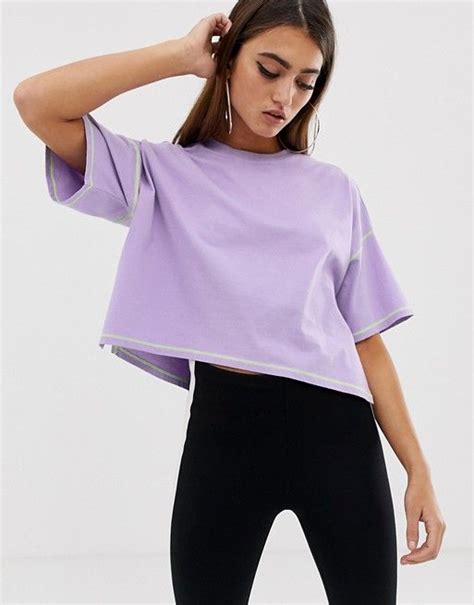asos design oversized cropped  shirt  stepped hem  contrast stitch  lilac asos