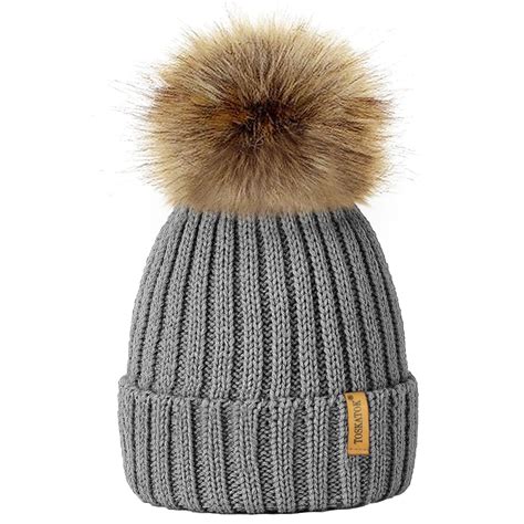 ladies womens winter knitted beanie ski hat detachable faux fur bobble pom pom ebay