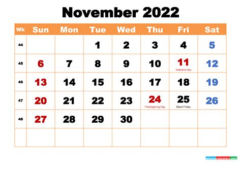 november  printable monthly calendar  holidays