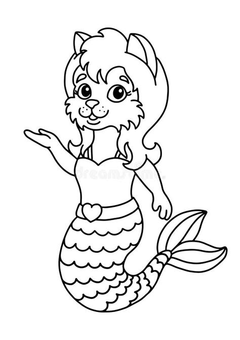cute  mermaid cat coloring book page  kids cartoon style
