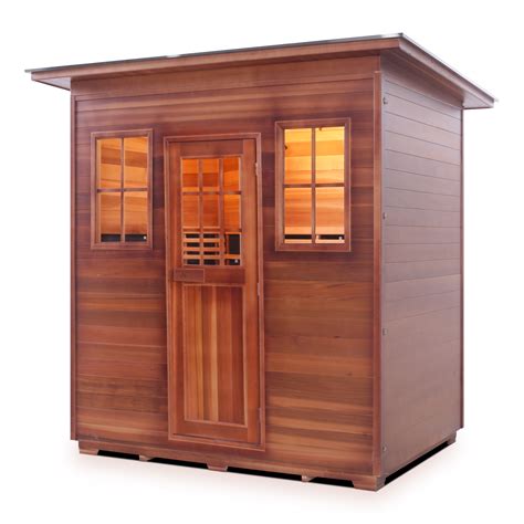 person outdoor hybrid sauna  slope roof sapphire series enlighten saunas